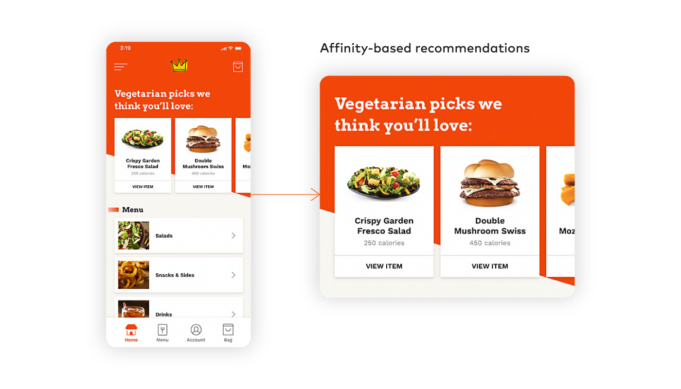 Product recommendations using data insights like dietary preferences (shown above) offer a personal touch that goes beyond a common app experience 