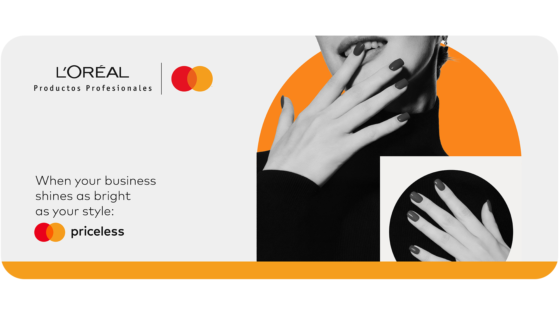 欧莱雅和 Mastercard 标志以及双手修剪整齐的女士 