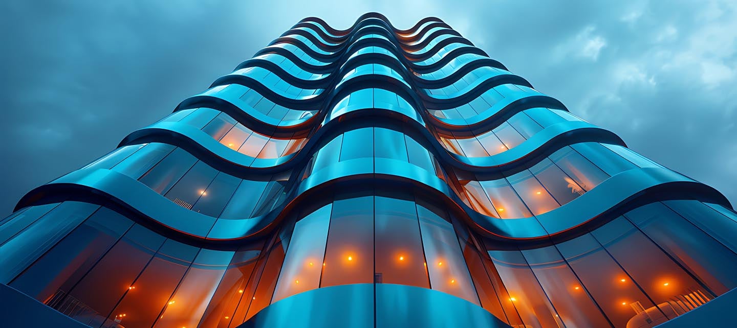 Elegant corporate building showcasing futuristic curved design.