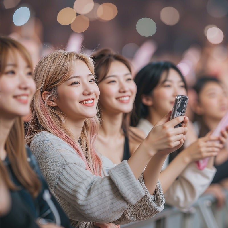 Young woman holding phones stand in front of a stage. 