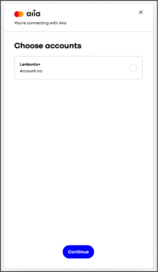 Aiia-Screenshot zeigt die Seite zur Auswahl eines Kontos