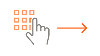 Absztrakt ikon narancssárga és szürke formákkal, jobbra mutató nyíllal, fehér háttéren.