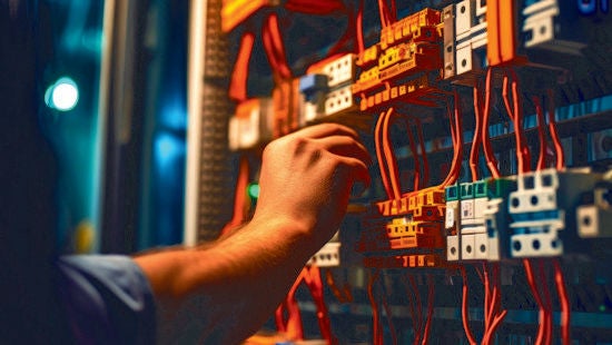Someone adjusting wires of a large mainframe
