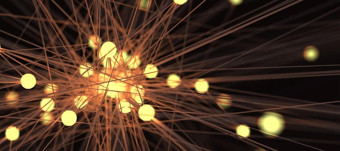 ترتيب نابض بالحياة من الأضواء والنقاط يضيء على خلفية سوداء، مما يثير إحساسًا بالعمق والفضاء.