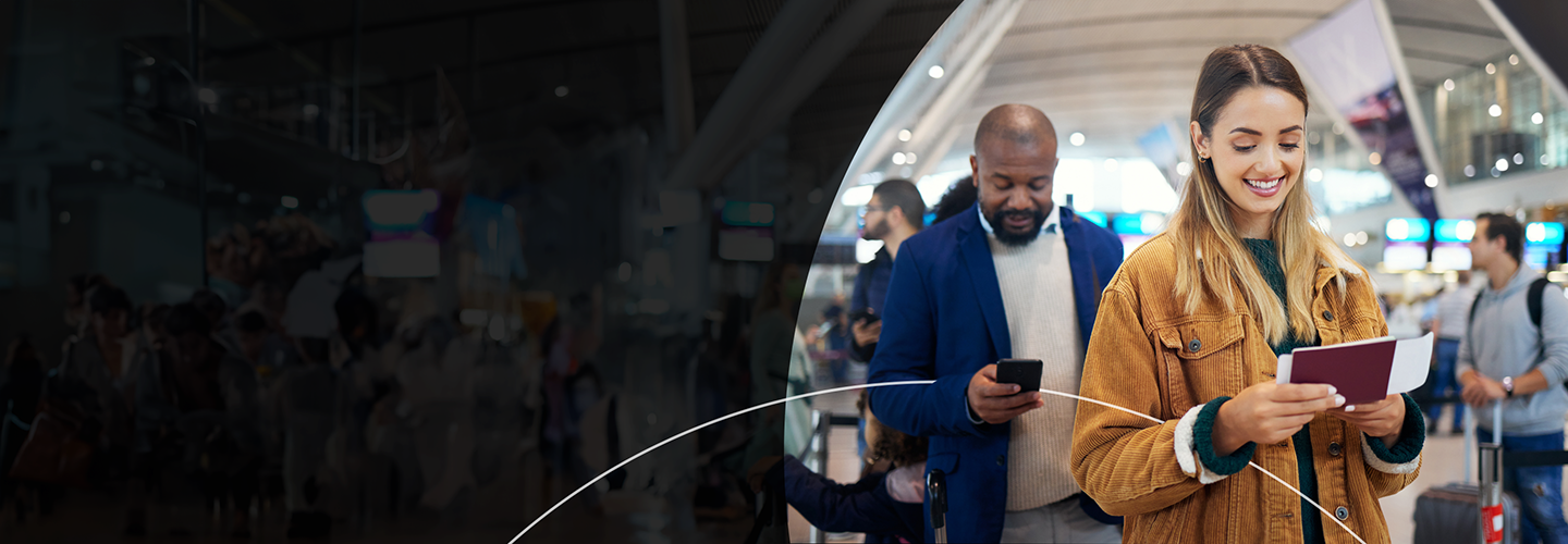 Personen, die am Flughafen Dokumente betrachten