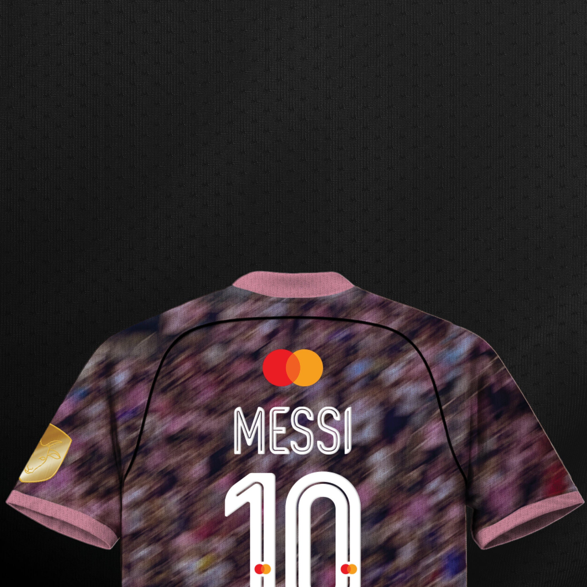 Back view of a soccer jersey with a motion-blurred crowd print in shades of purple and pink, pink trim on the collar and sleeves, the Mastercard logo, and "MESSI" with the number "10" in white outline font, set against a dark background.