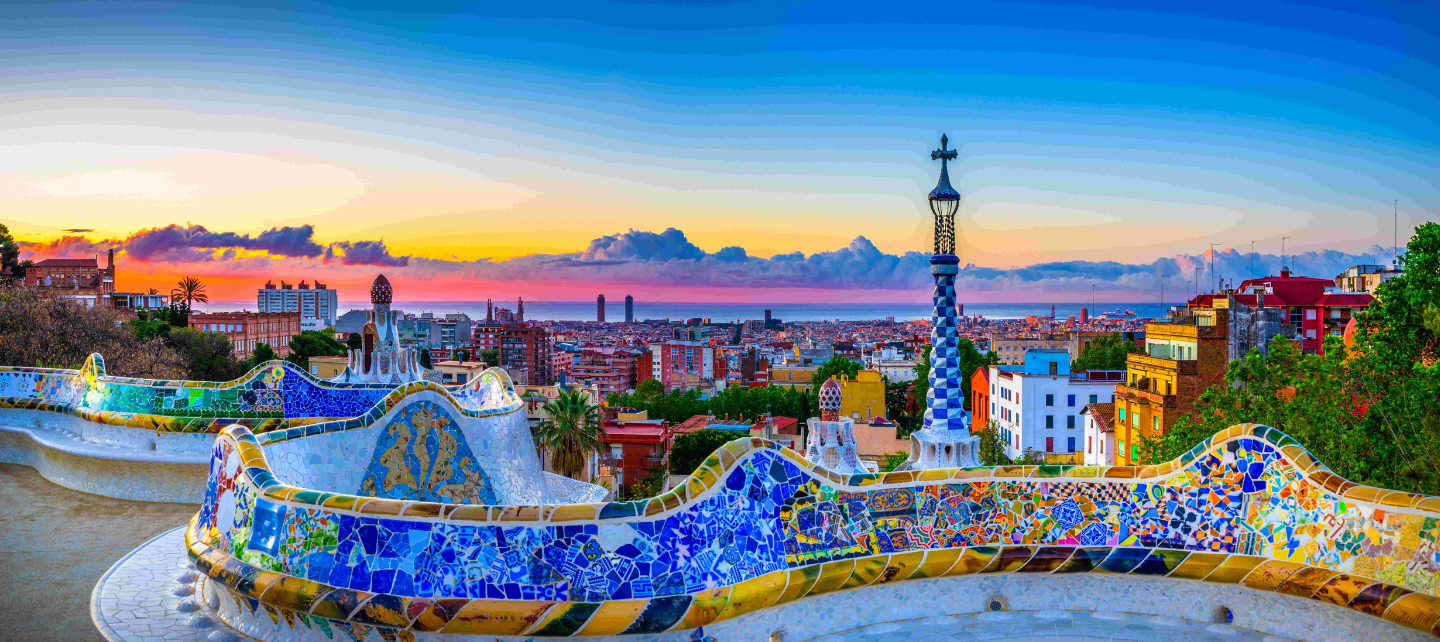 Barcelona skyline from Gaudi balcony at sunset. 