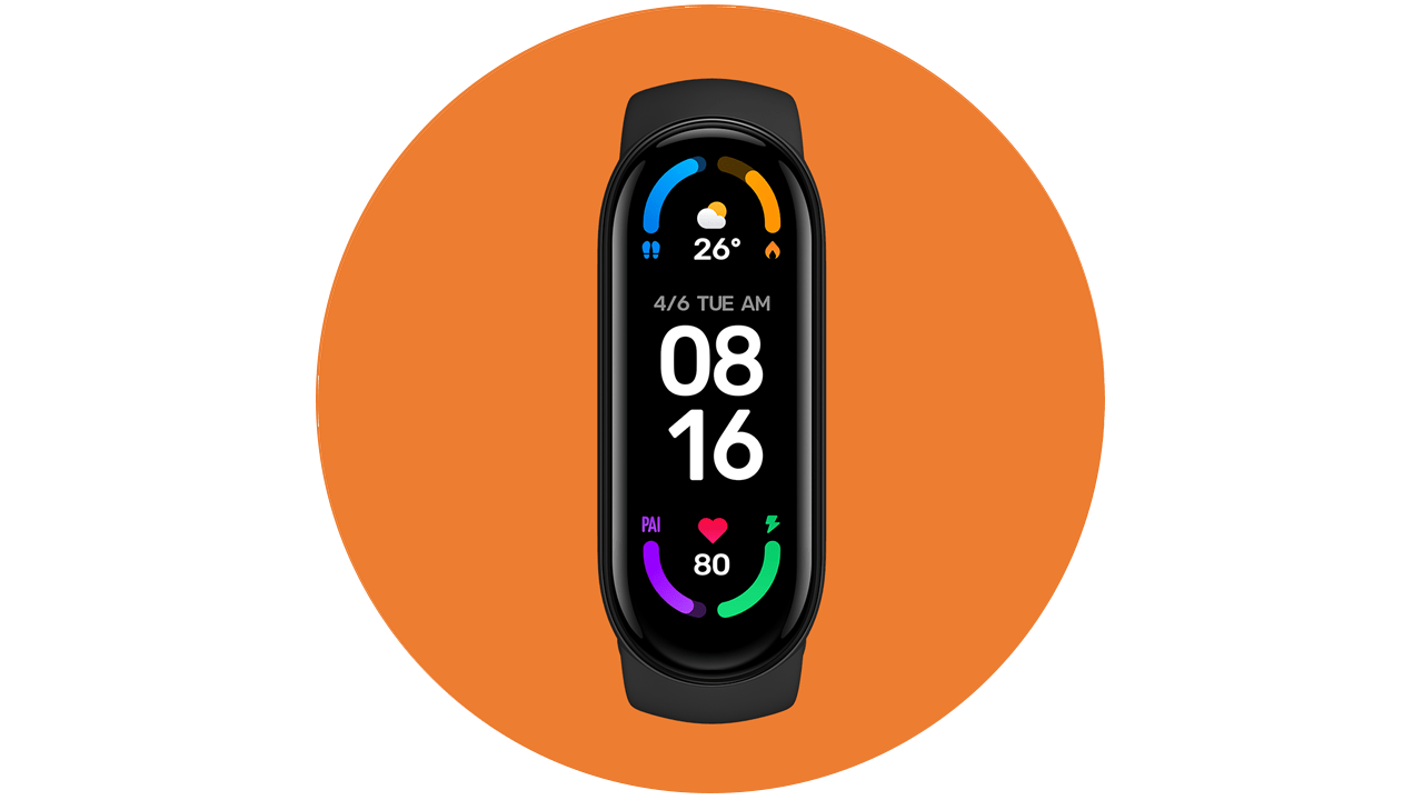 Xiaomi okoskarkötő színes kijelzővel, narancssárga kör alakú háttéren.