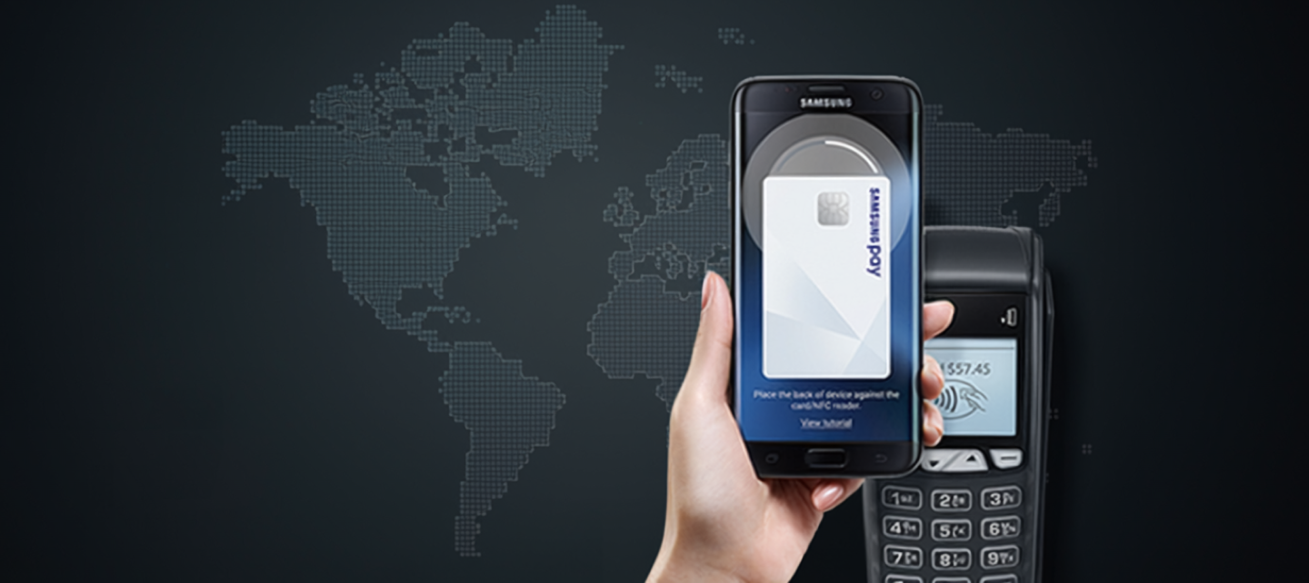 Phone with digital card on screen on top of payment terminal