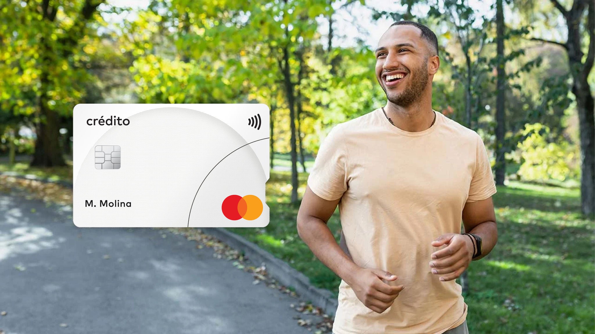 Man jogging in a park and an image of a Mastercard credit card.