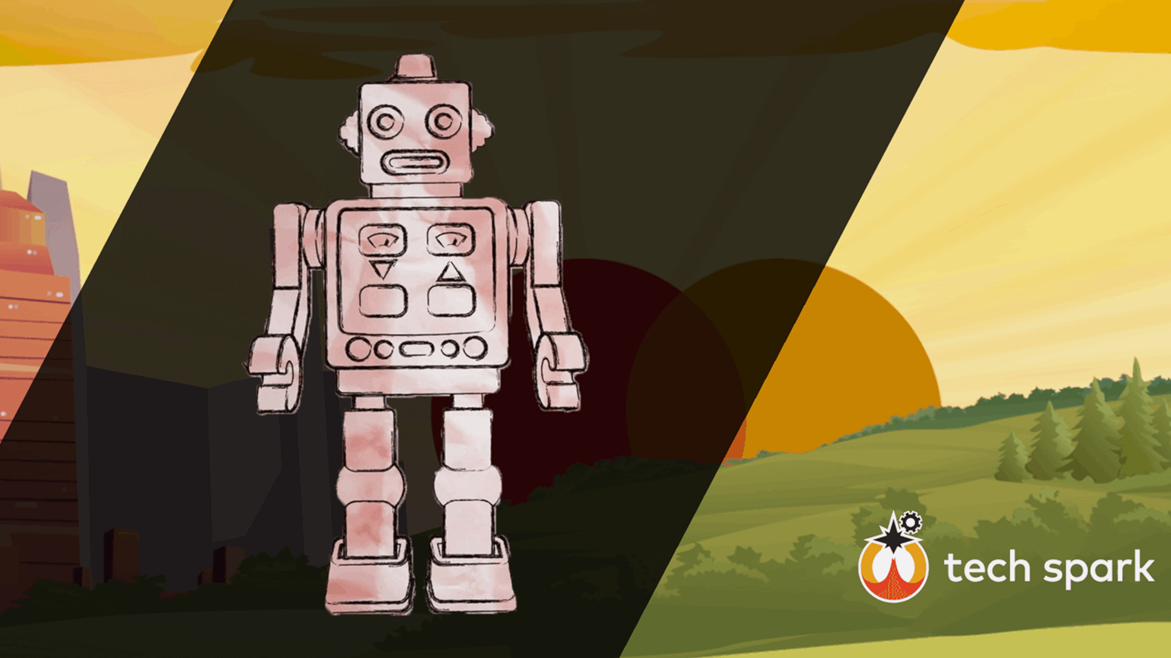 A robot standing in front of a city