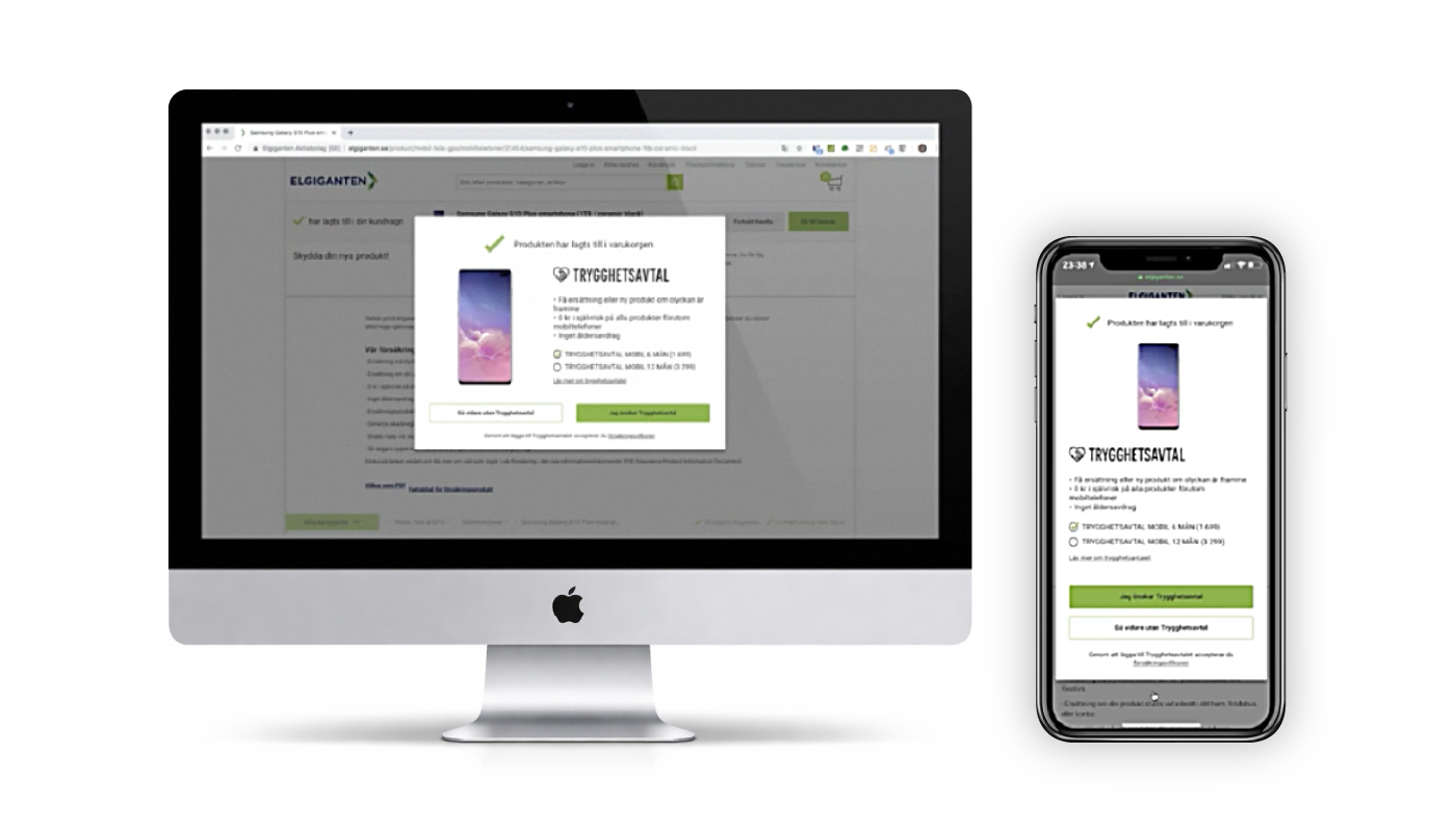 Example of a product recommendation overlay widget featuring insurance plans, which resulted in a 362% increase in insurance plan conversions