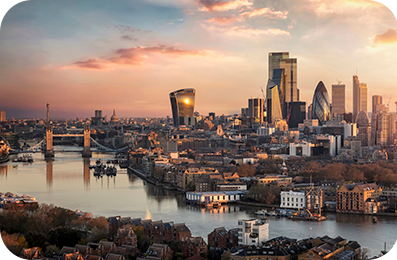 London skyline at sunset.