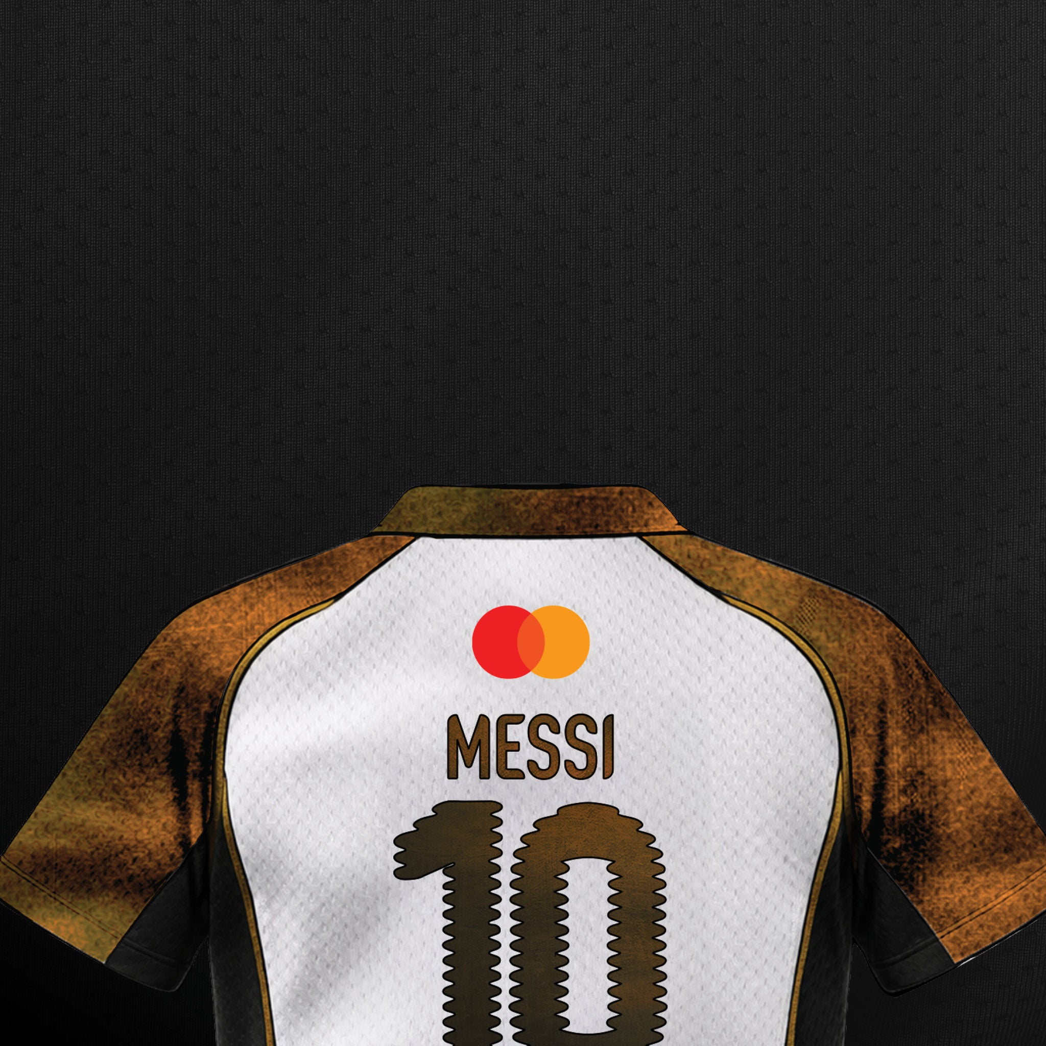 Back view of a white, black, and gold soccer jersey featuring the Mastercard logo, with "MESSI" and the number "10" styled in a unique textured gold and black pattern, set against a dark background.