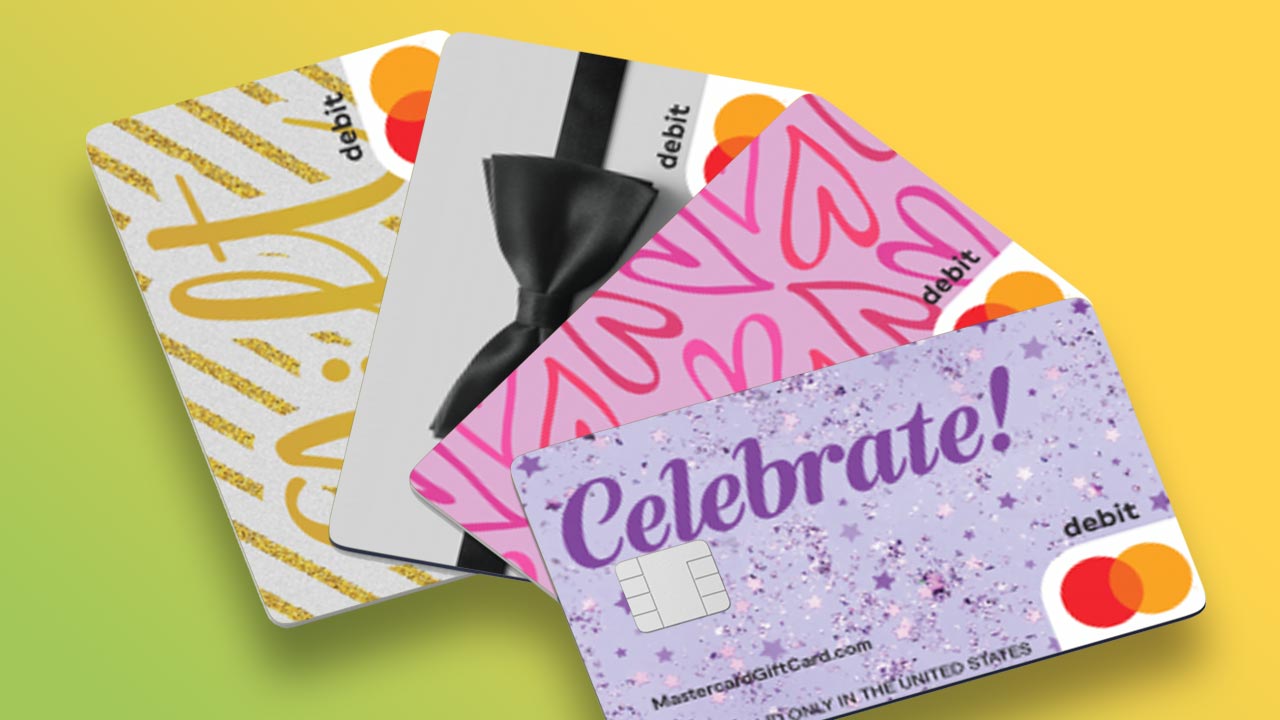 Four gift cards with different designs.