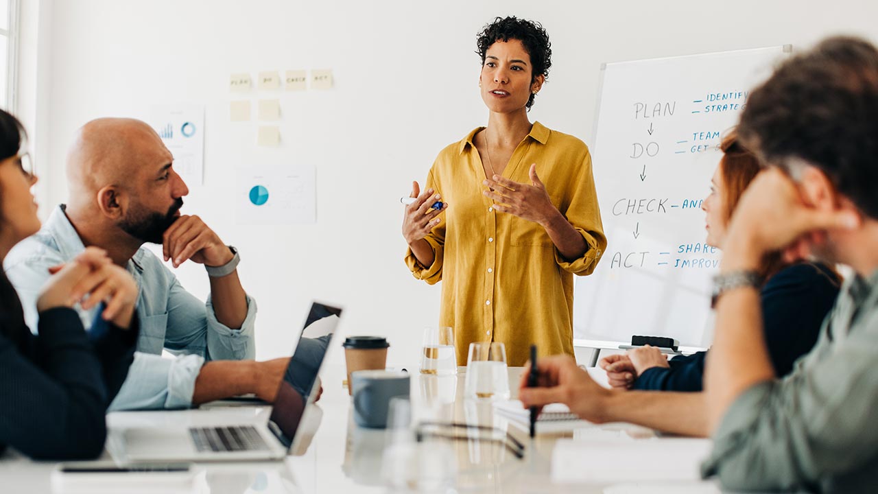 Boss leading planning session with staff.