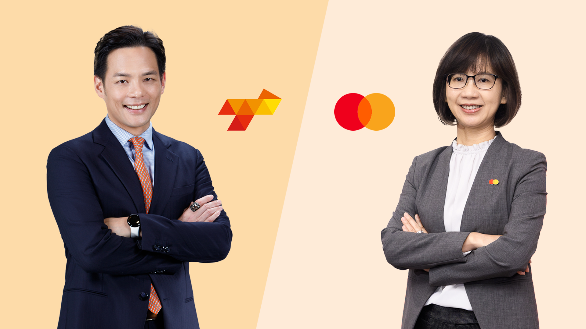 Two people in business suits stand with their arms crossed on either side of a split beige background, each beside a company logo.
