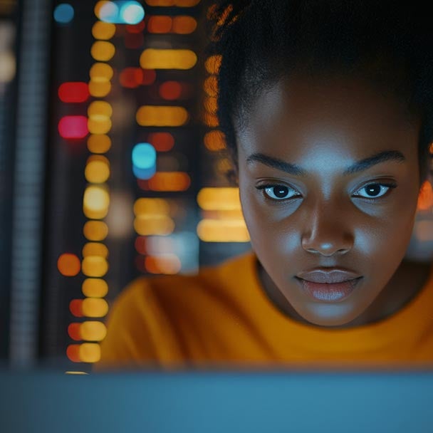 Close up of woman's face with tech glow behind.