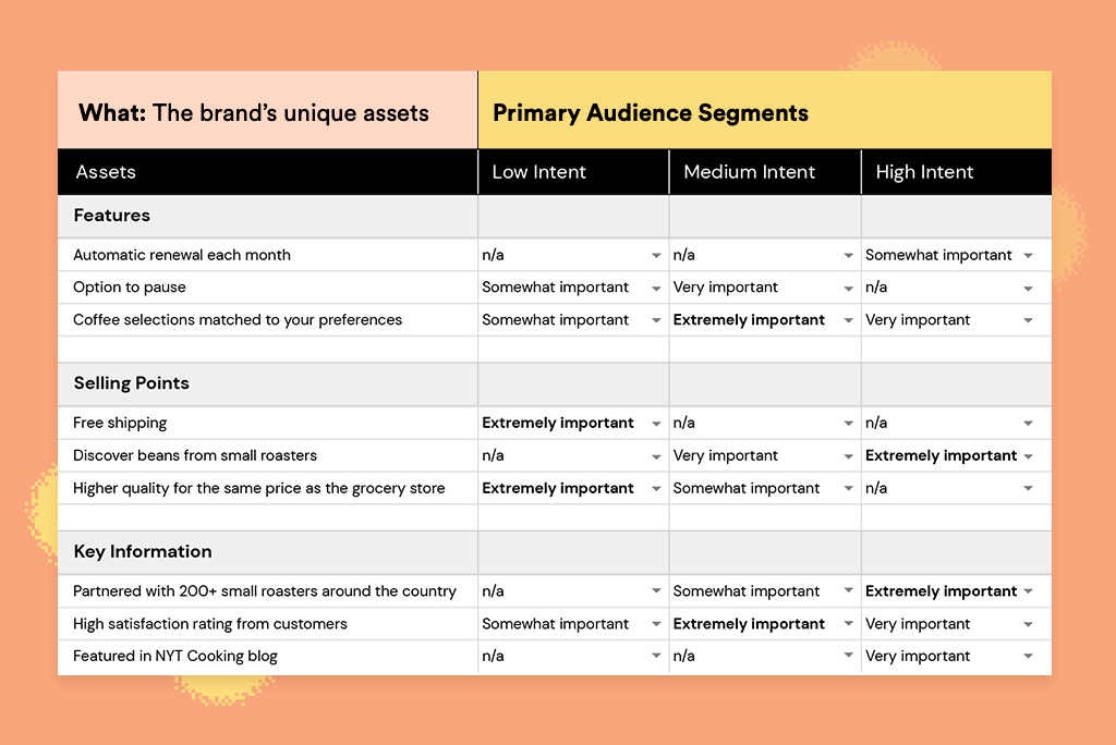 In this example, each point has been ranked by importance for each Primary Audience segment.