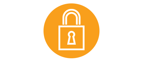 Narancssárga körben elhelyezett fehér lakat ikon kulcslyukkal, amely a biztonságot és az adatvédelmet jelképezi.
