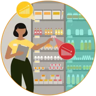 Иллюстрация: женщина выбирает товары в продуктовом магазине