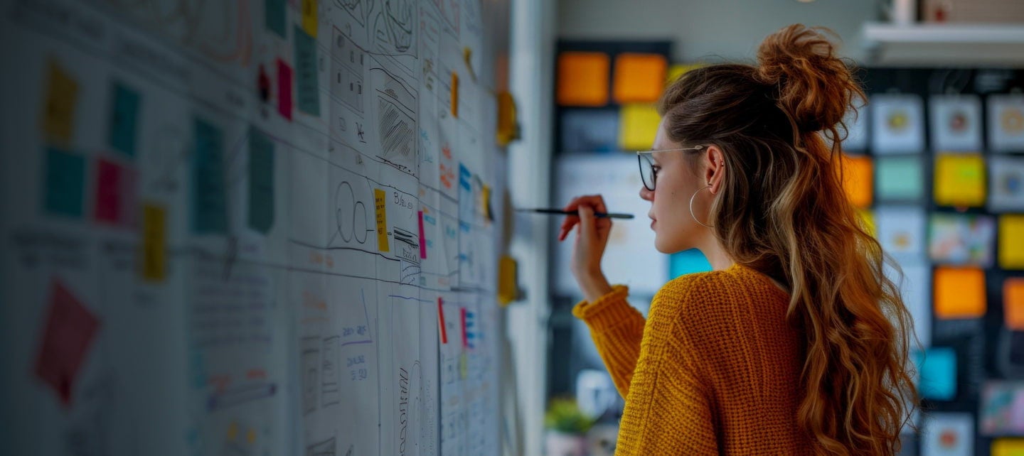 creative woman sketching on wall