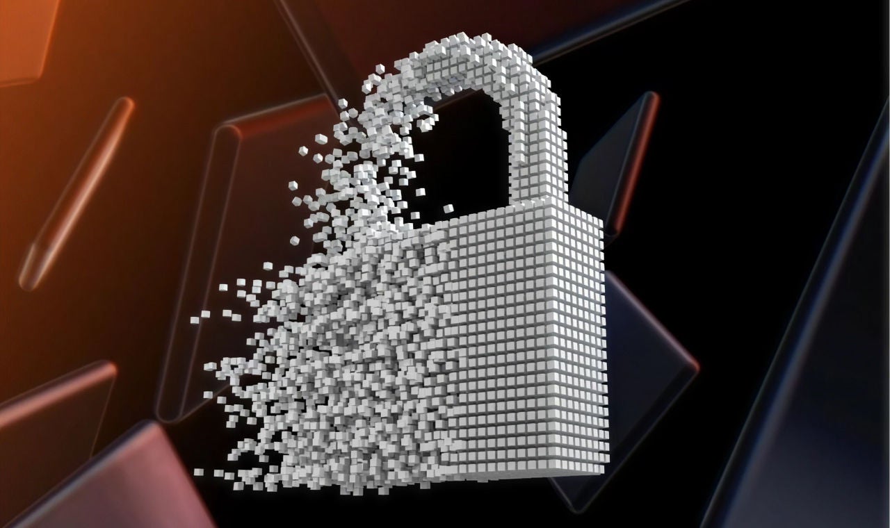 A 3D rendering of a pixelated lock.