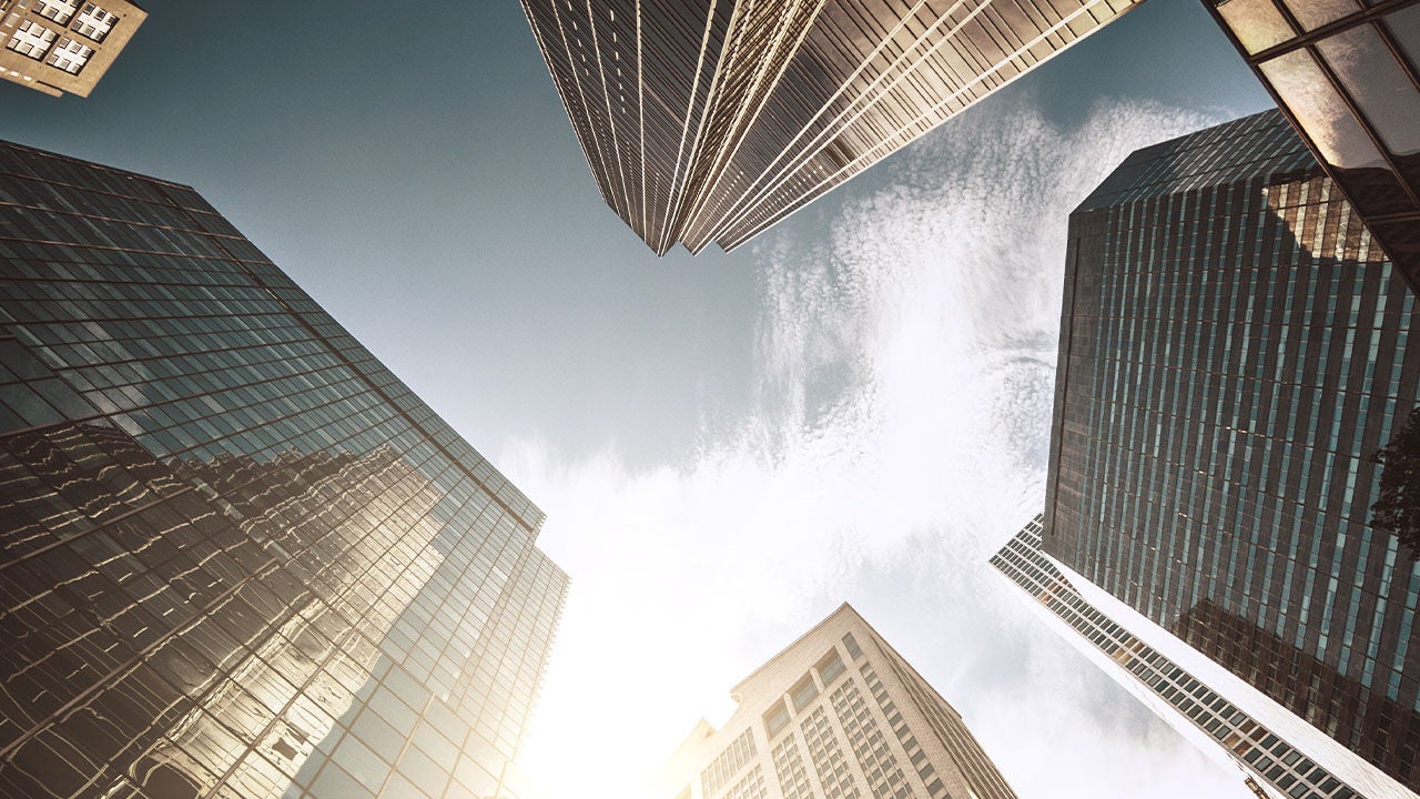 financial district buildings from below