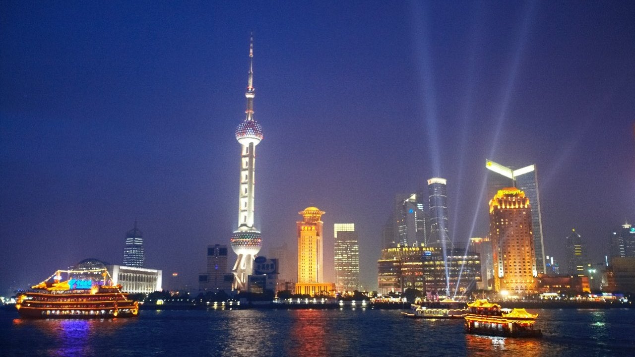 The skyline of Shanghai as seen at night. 