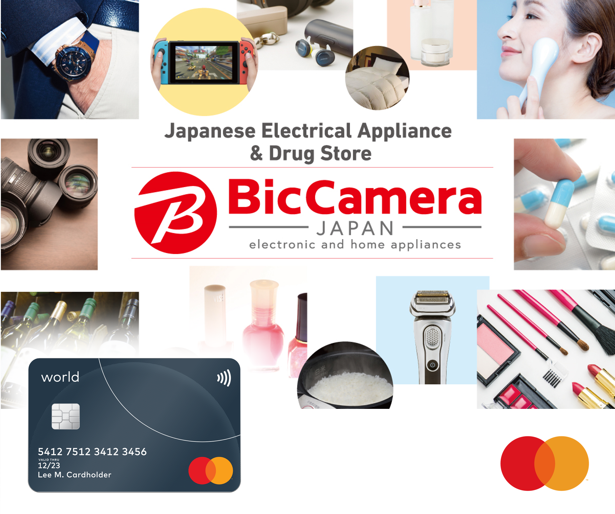 A collage graphic showing a retailer logo surrounded by product photos of electronics, cosmetics, and household goods, with a dark payment card in the lower left.