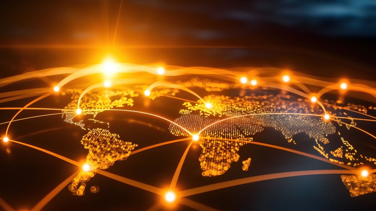 Orange futuristing hexagonal grid around the globe