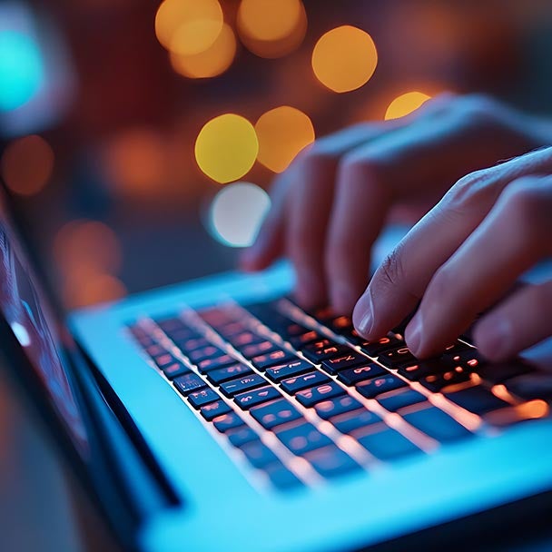 Close up hands on laptop with glow behind.