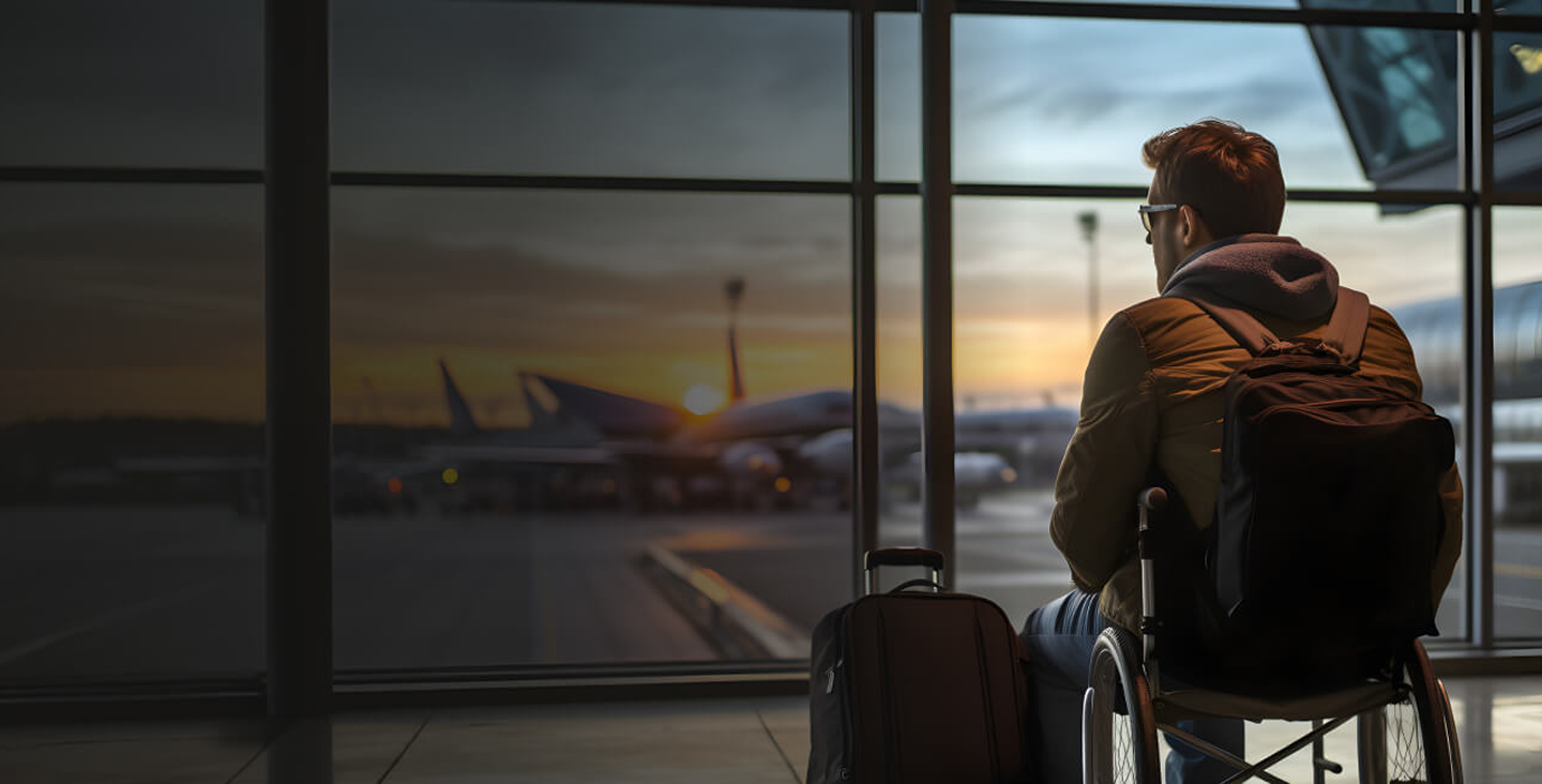 Man in wheelchair looking out the window at airport