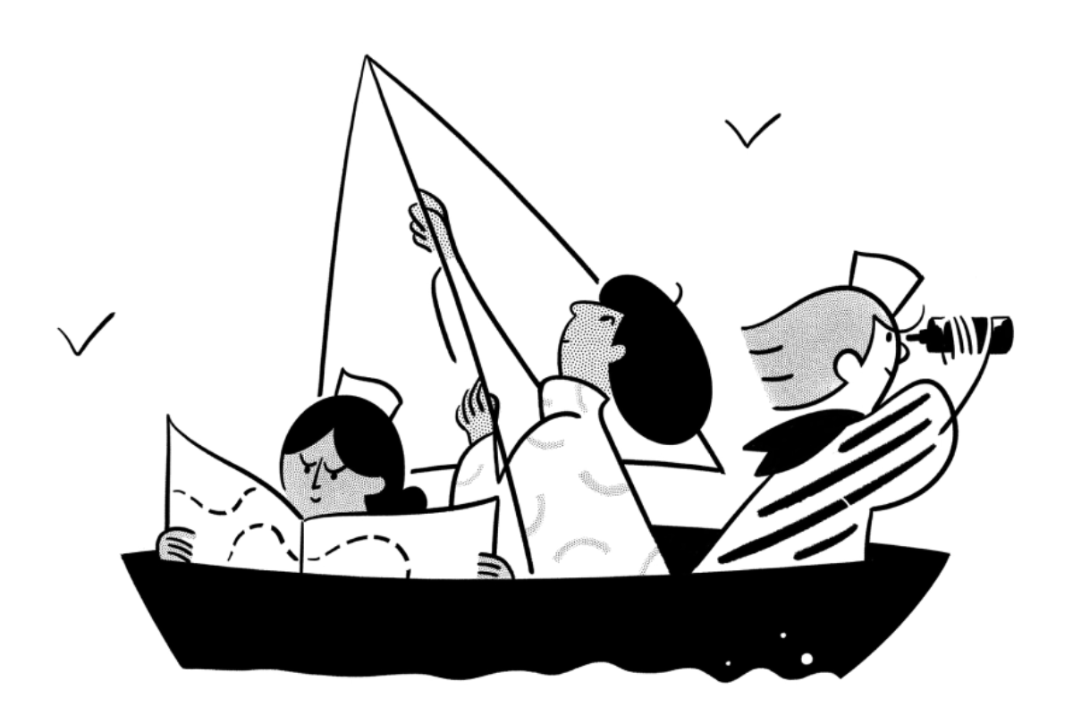 Zeichnung von drei Menschen auf einem Boot