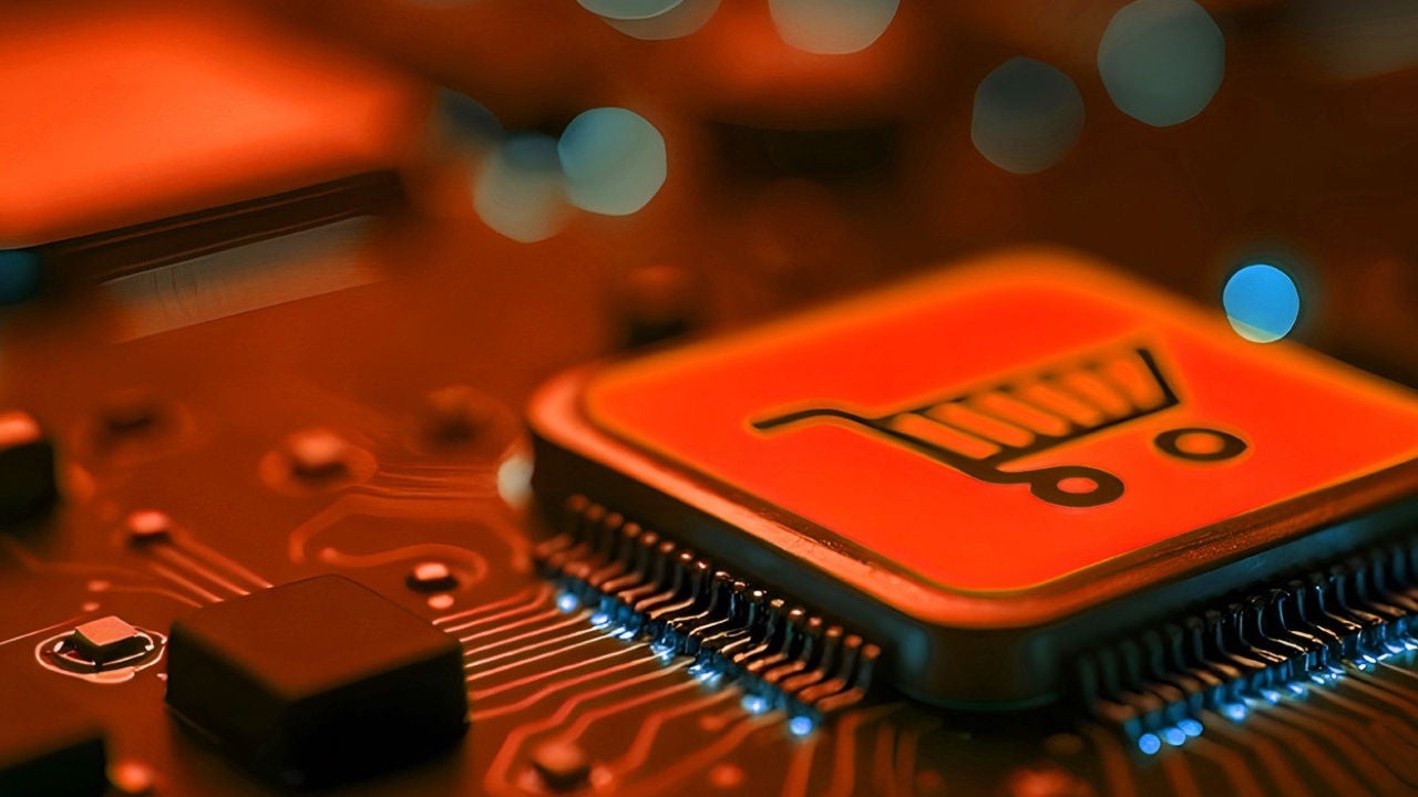 A red button showing a shopping cart.