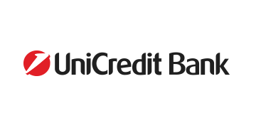 UniCredit Bank logó fekete felirattal és piros emblémával fehér háttéren.