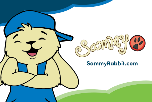 Illustration of Sammy Rabbit, a financial literacy mascot wearing a blue cap, with logo and website SammyRabbit.com