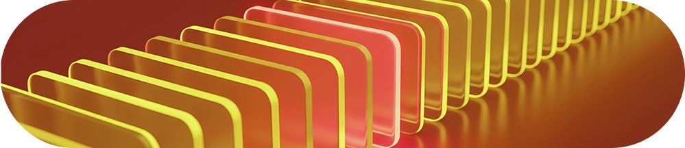 An endless row of golden panels with a luminous pink section highlighting a specific point in the sequence on a purple reflective background