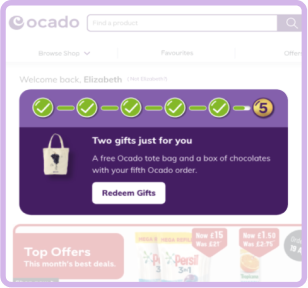 This returning shopper is eligible to redeem their rewards with the completion of this trip, as indicated by the accompanying CTA showing a free tote bag.