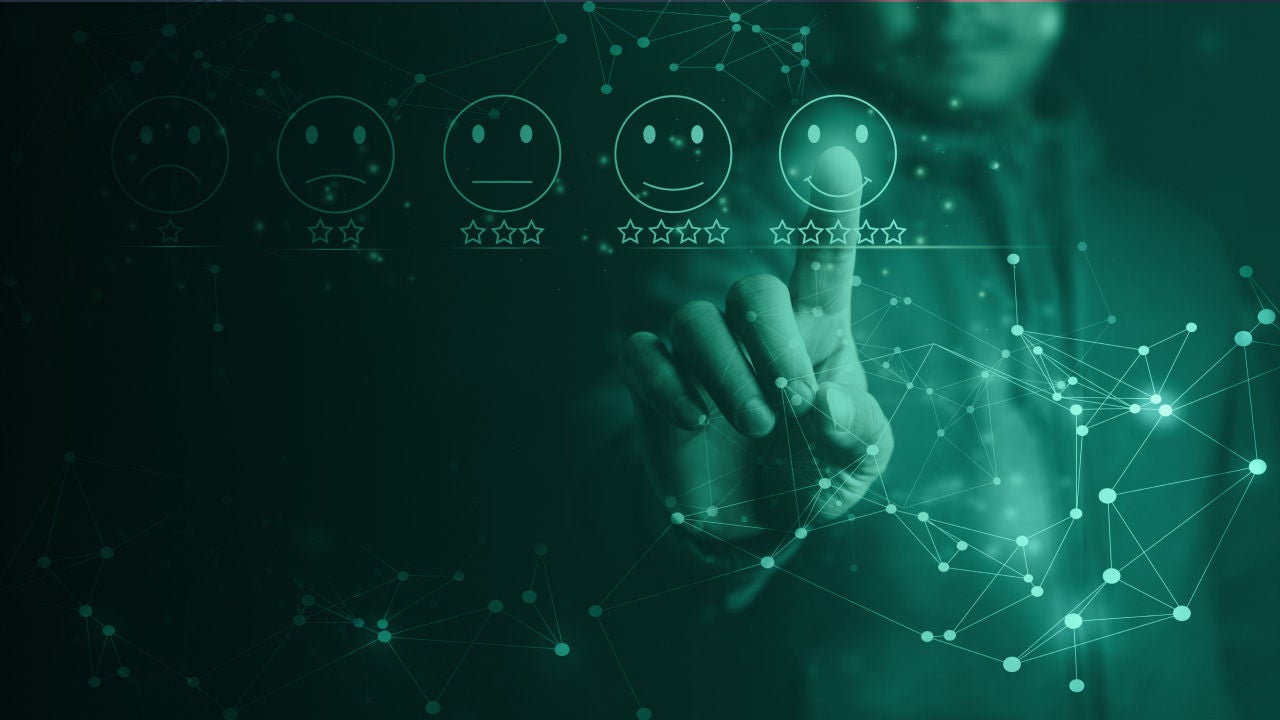 Abstract techy illustration rating with emojis stars.