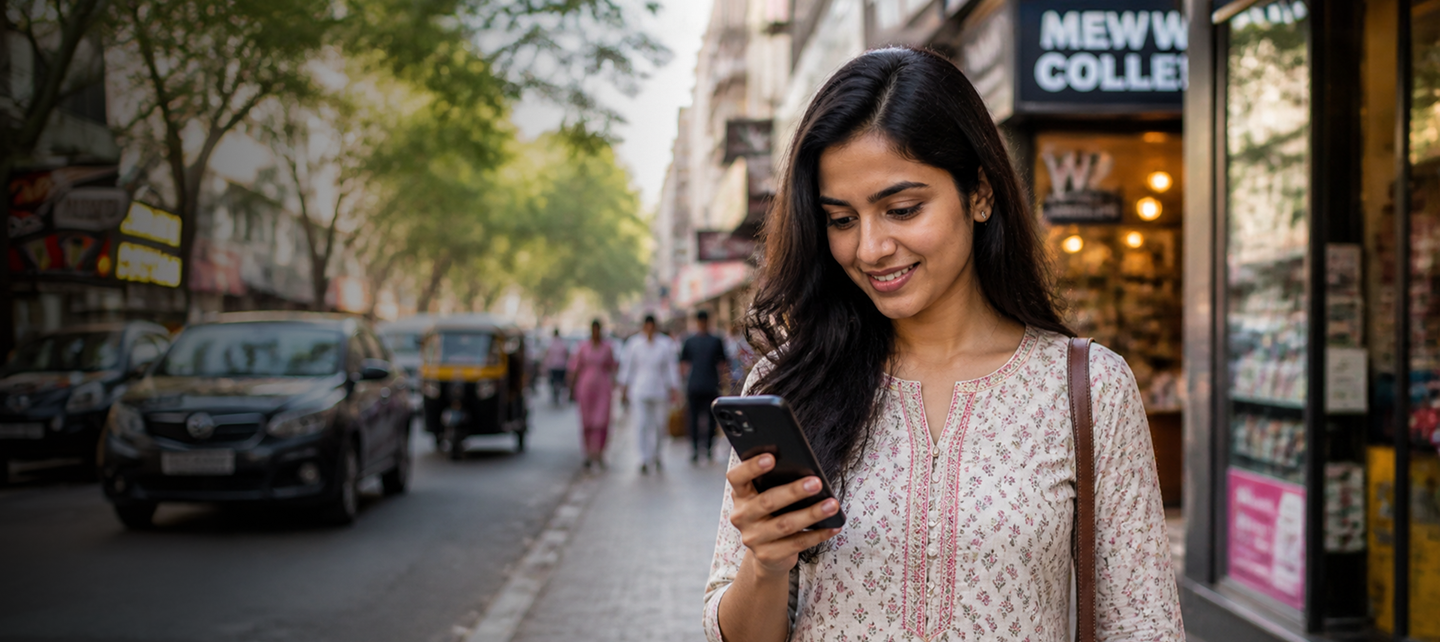 India woman hold a phone