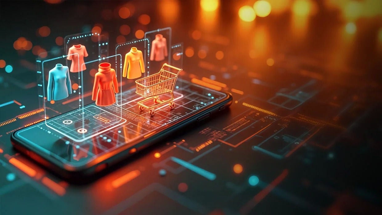 Digital illustration of a smartphone with holographic shopping icons.