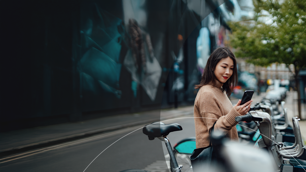 Urban mobility woman using ebike in urban setting.
