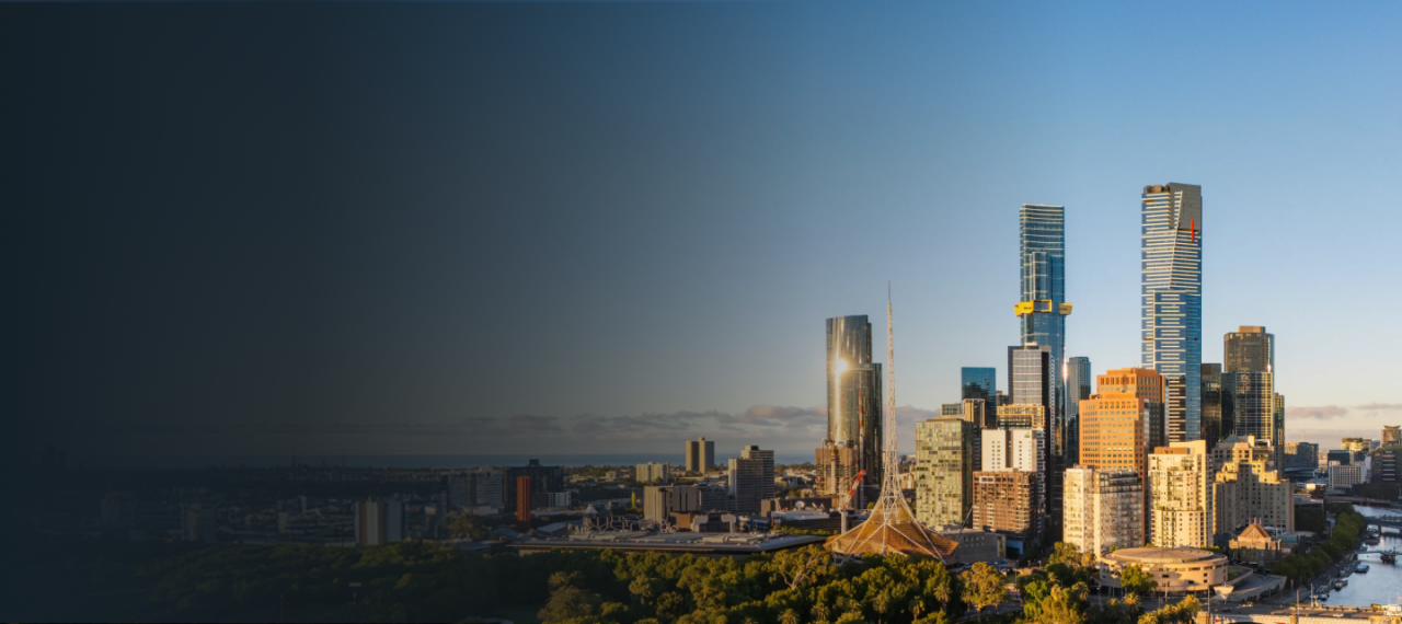 A wide view of the Melbourne city skyline.