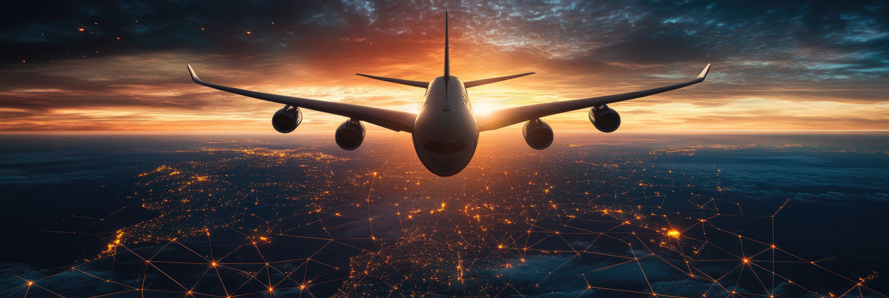 Realistic photo of an airplane flying over a world map at sunset, symbolizing global travel and air transport technology. The plane is silhouetted against the sky with sun rays shining through it. Below, there's a network of flight paths across various continents, representing international journeying by commercial aircraft