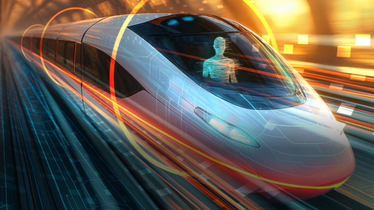 The outline of a man in a train, likely computer generated. 