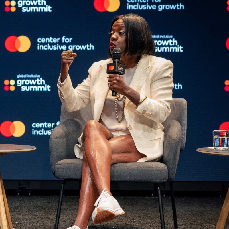 Shamina Singh and Viola Davis sit on stage at the Global Inclusive Growth Summit.