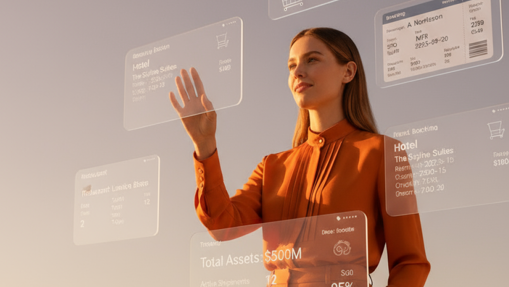 Mujer tocando una pantalla virtual