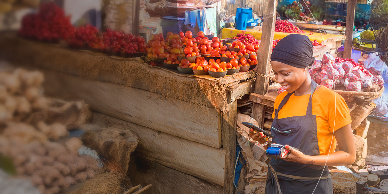 Woman processing digital payment at market stall