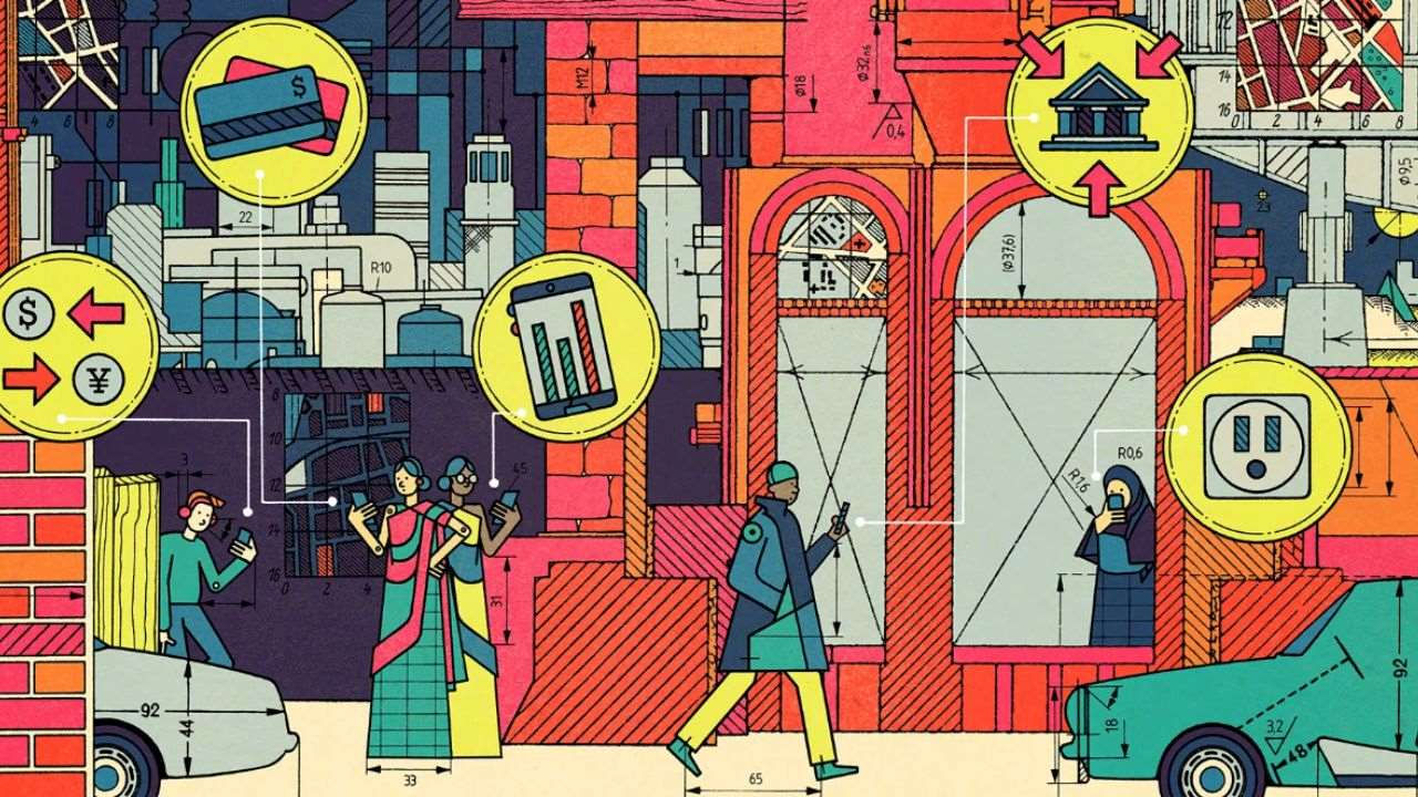 A diverse group of people walk through a city with icons of the digital life in circles above them (illustration)